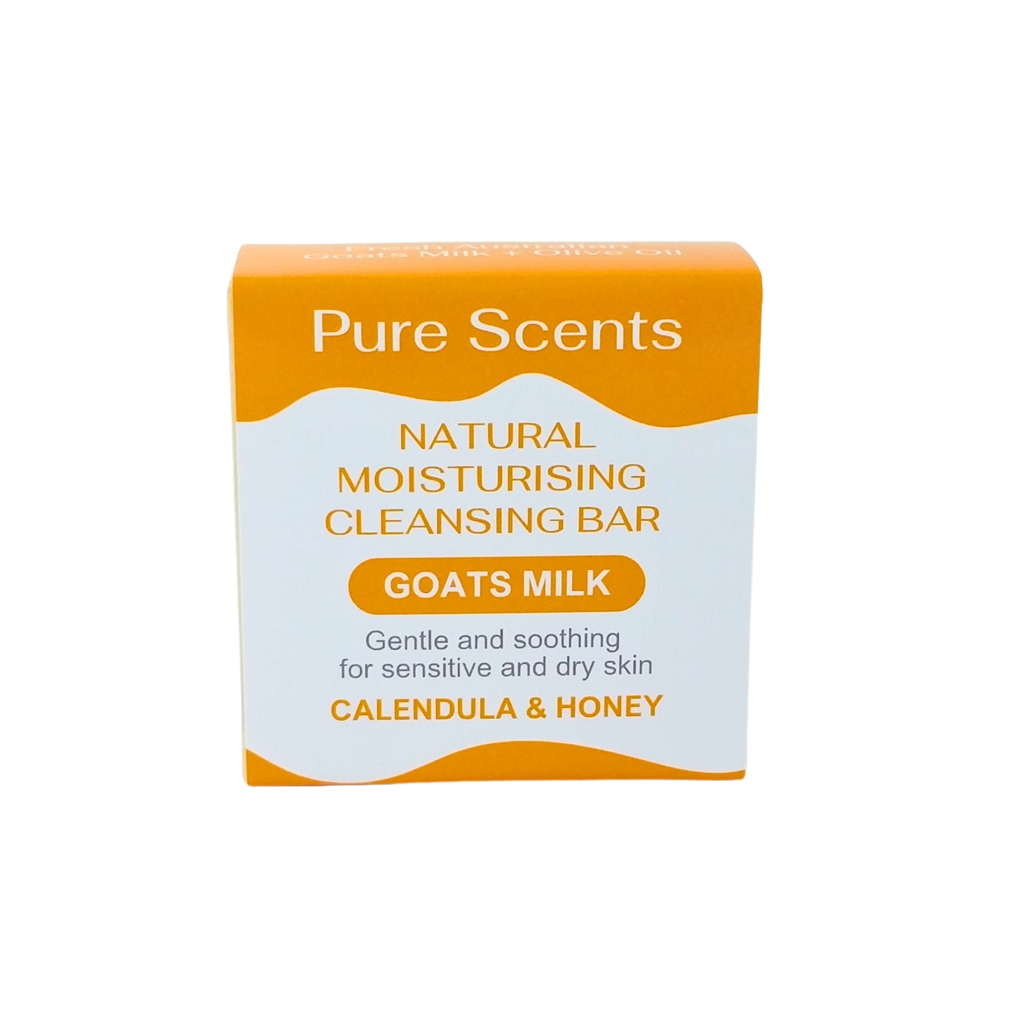 A square bar of natural moisturising goats milk soap with calendula and honey. The bar has a orange and white label.
