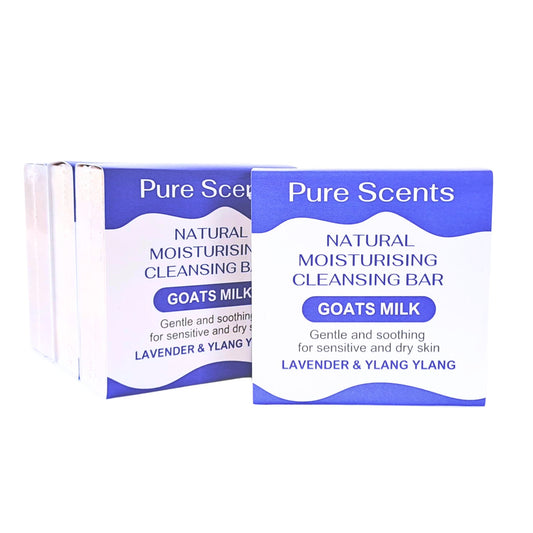 4 bars of Natural Goat's Milk Soap with Lavender & Ylang Ylang essential oils on a white background